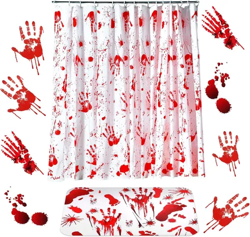 Juego de 6 cortinas de ducha de huellas de manos sangrientas de Halloween, incluye cortina de ducha sangrienta, tapete de puerta con huellas de