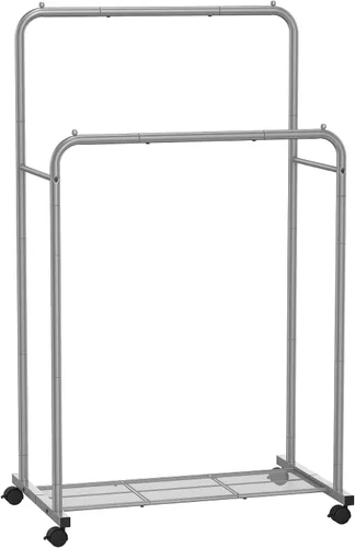 Miniatura 13 de SONGMICS Perchero de doble barra con ruedas, perchero para colgar ropa, perchero resistente con estante de almacenamiento de malla, 2 frenos, cada