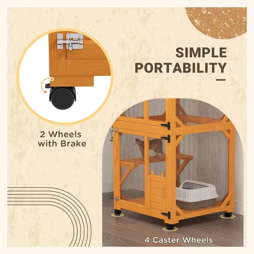 Miniatura 6 de Casa grande para gatos con caja de descanso alta, catio de madera de 71 pulgadas con techo de asfalto, recinto para gatos en interiores y exteriores