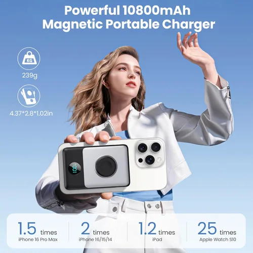 Miniatura 2 de Cargador portátil magnético 6 en 1 para iPhone con cables integrados, 10800 mAh 25 W PD cargador de energía de carga rápida, 6 salidas de pantalla