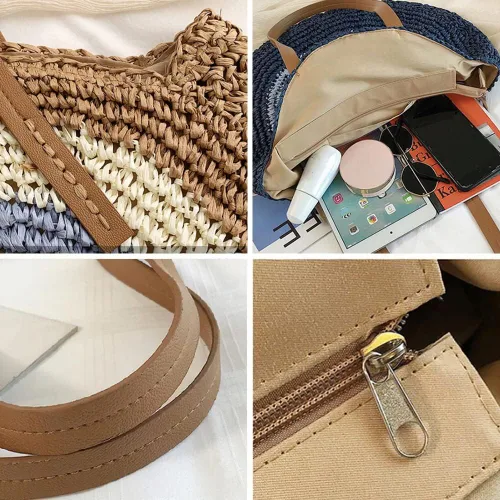 Miniatura 5 de JBR Bolso grande redondo de paja tejido al hombro bolso cruzado para mujer bolso de mano