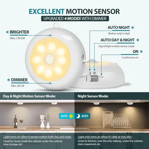Miniatura 3 de Reoshine - Luz de sensor de movimiento para interiores, funciona con pilas AA, iluminación debajo del gabinete, luces LED adhesivas magnéticas
