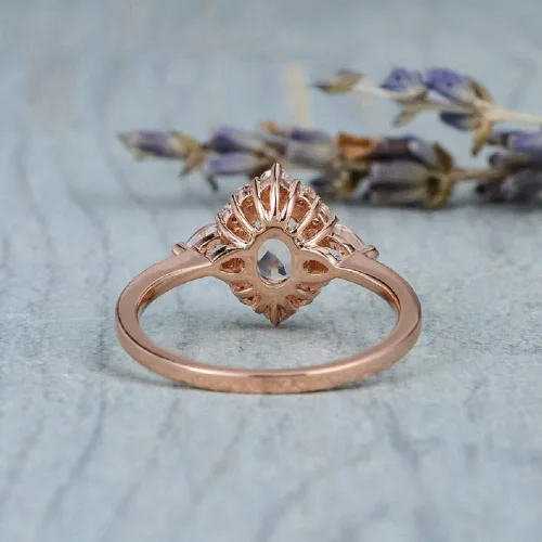 Miniatura 6 de Anillo de compromiso chapado en oro rosa de 18 quilates con piedra lunar y arcoíris, para mujer, anillo de compromiso con diamantes de imitación