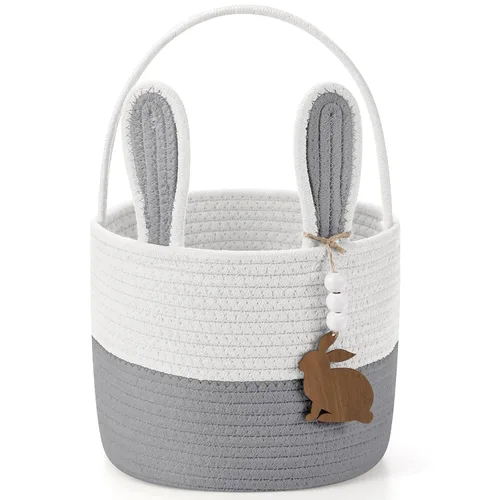 Miniatura 11 de SiliFine Cesta de Pascua para niños, cesta de conejo de Pascua con etiqueta de nombre, oreja de conejo desmontable, regalo tejido rústico para niñas