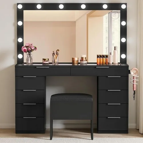 Miniatura 2 de DWVO Tocador de maquillaje con parte superior de vidrio de 46 pulgadas con 10 cajones, juego de escritorio con espejo LED grande, estación de carga