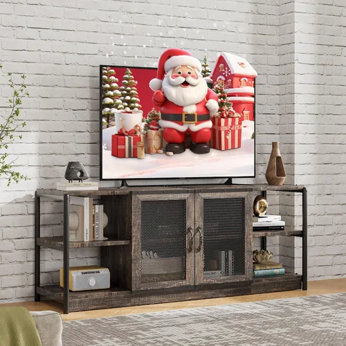 Garvee Soporte de TV para TV de más de 65 pulgadas, centro de entretenimiento industrial con 4 estantes, armario de TV de granja con 2 puertas para