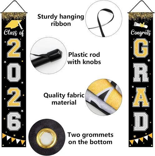 Miniatura 3 de Bandera de decoración de graduación 2025 GRAD Bandera negra para porche y puerta de bienvenida para pared interior y exterior, decoración