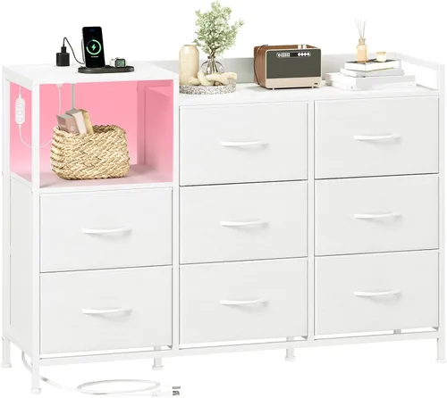 Miniatura 12 de Somdot Mesita de noche negra con estación de carga y luz LED, cómoda ancha de 5 cajones para dormitorio con contenedores de tela y estante abierto