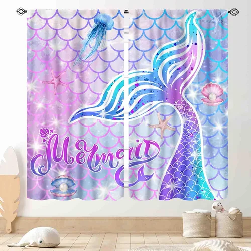 Cortinas de sirena para dormitorio de niñas, arco iris rosa púrpura cola de sirena escamas de pez coloridas cortinas de ensueño de océano anime