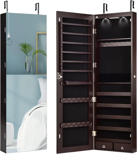 Miniatura 89 de Giantex Armario de joyería para puerta de pared con espejo de longitud completa, 2 LED con cerradura grande organizador de joyas con espejo ancho