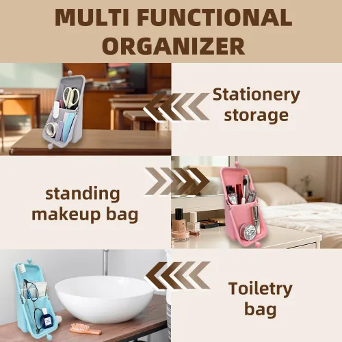 Miniatura 6 de sostenedor del cepillo del maquillaje del silicón, bolso cosmético portátil suave y elegante impermeable del viaje, bolso del maquillaje de pie