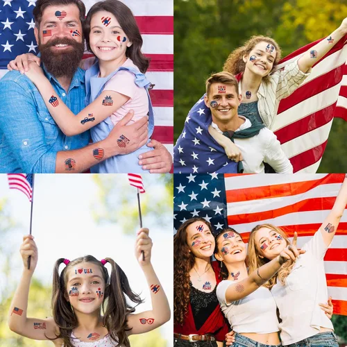 Miniatura 3 de Trajes para mujer del 4 de julio, paquete de 120 tatuajes patrióticos de bandera de Estados Unidos, color rojo, blanco y azul, suministros