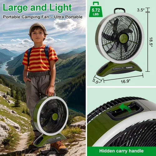 Miniatura 3 de Ventilador de campamento con batería de 45000 mAh con LED, aspas grandes de 12 pulgadas, ventilador portátil recargable de alta velocidad, Verde