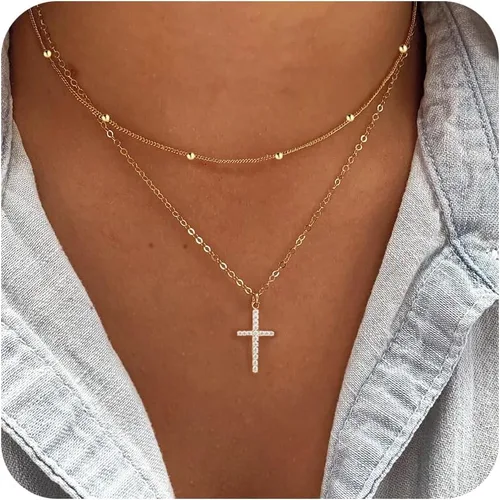 Miniatura 59 de Collar de cruz para mujeres y niñas, delicado chapado en oro de 14 quilates, gargantilla con dije de cruz que no se deslustra, impermeable, moderno