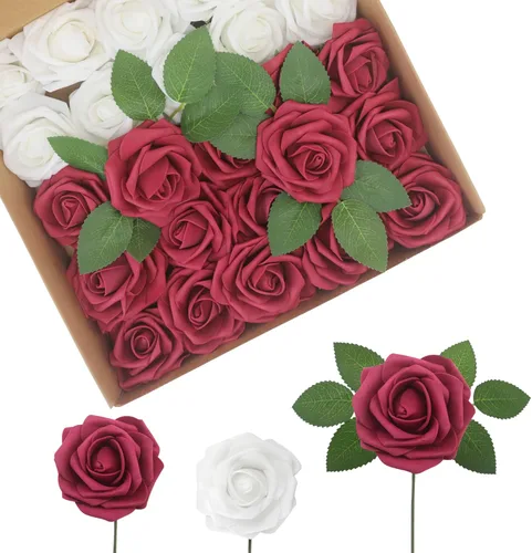 Flores Artificiales Rosas Realistas, 50 piezas de rosas falsas con tallo de aspecto real para ramos de boda DIY, centros de mesa, despedida de