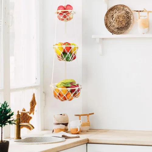 Miniatura 4 de Cesta de frutas colgante de macramé, soporte bohemio para verduras para almacenamiento de alimentos Kichen con gancho, organizador de productos