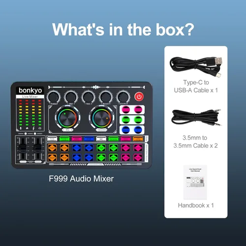 Miniatura 8 de Mezclador de Audio Profesional, Tarjeta de Sonido en Vivo F999 con Mezclador DJ para Transmisión/Podcast/Juegos, Equipo Profesional de Estudio Negro