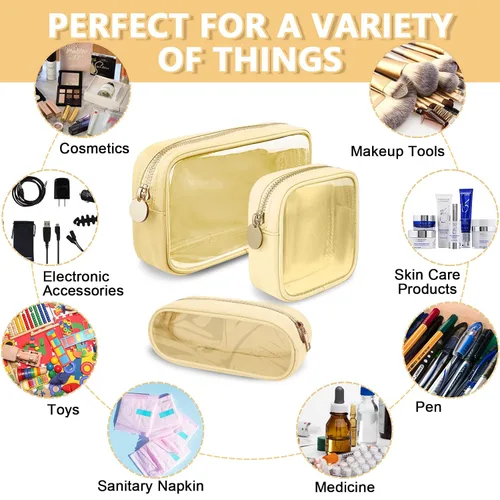 Miniatura 6 de UIXIZQ Bolsa de maquillaje pequeña transparente con cremallera, bolsa de viaje para cosméticos de nailon y PVC estilo preppy aprobada por la TSA