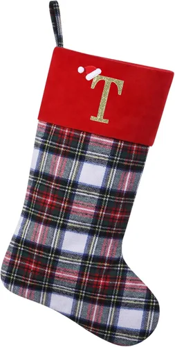Miniatura 39 de Calcetines de Navidad personalizados con monograma inicial, adornos colgantes, medias clásicas de cuadros negros de 19 pulgadas, decoraciones