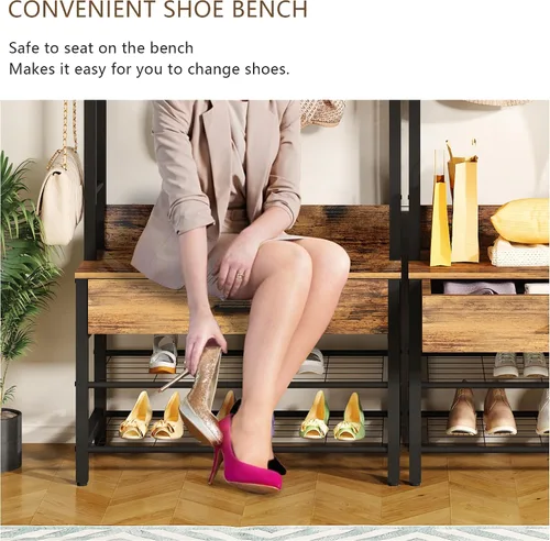 Miniatura 8 de DKLGG Árbol de pasillo con banco y almacenamiento de zapatos para entrada, perchero 5 en 1 con almacenamiento de zapatos, decoración de aspecto