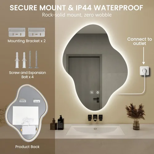 Miniatura 5 de Espejo de pared de baño irregular, espejo de baño LED asimétrico con luces, espejo retroiluminado antivaho con iluminación regulable de 3