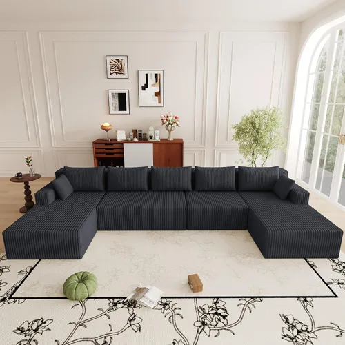 Miniatura 40 de Sofá modular de 95 pulgadas con otomana, moderno sofá nube de pana con asiento profundo, sofá sin hueso tapizado de 3 plazas en forma de U para sala