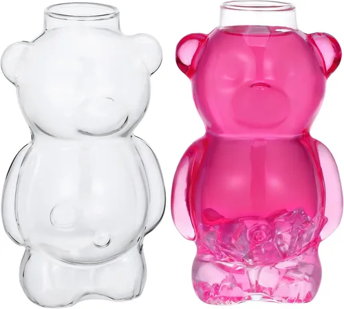 PRETYZOOM Paquete de 2 vasos de cóctel en forma de oso de 13 onzas de borosilicato transparente – Cristalería de animales novedosos para vino, jugo,