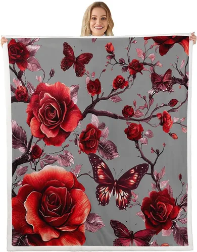 Miniatura 10 de Manta de franela azul rosa para todas las estaciones, manta de cama gótica de mariposa para decoración del hogar kawaii, manta rústica con flores