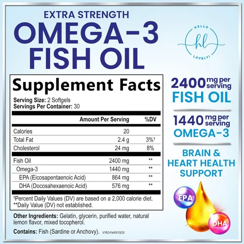 Miniatura 2 de Suplementos de aceite de pescado Omega 3 – 2400 mg de aceite de pescado por porción – Omega-3 de triple fuerza con ácidos grasos EPA y DHA – Apoyo