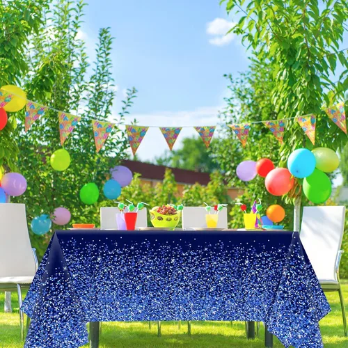 Miniatura 5 de 3 piezas Manteles Azul Plateado Decoraciones de Fiesta Mezclilla y Diamantes Mantel Azul Marino y Plateado Desechable de Plástico Confeti Real