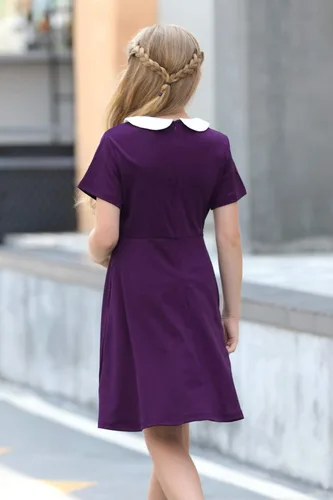 Miniatura 2 de GORLYA Vestido de fiesta casual de manga corta para niña con cuello Peter Pan ajustado y acampanado con bolsillos, 4-12 años