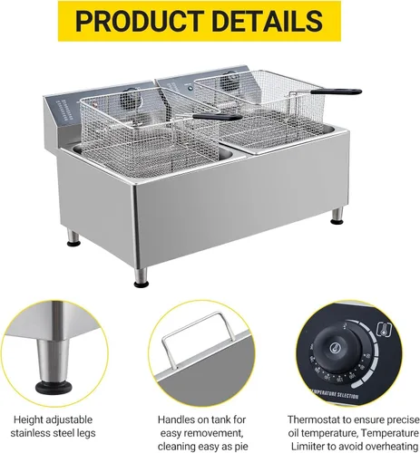 Miniatura 5 de Freidora comercial de 3400 W doble 11L/3.3 galones - Sistema de encimera de acero inoxidable 201 con filtración de aceite y cestas ajustables