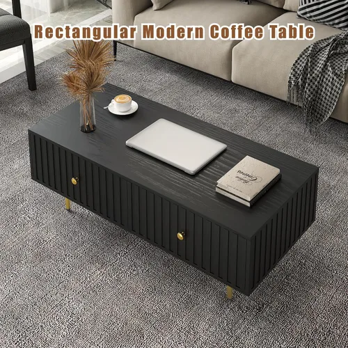 Miniatura 6 de HedoAjim Mesa de centro moderna con almacenamiento con 2 cajones grandes, mesa auxiliar rectangular negra para sala de estar, mesa de té acanalada