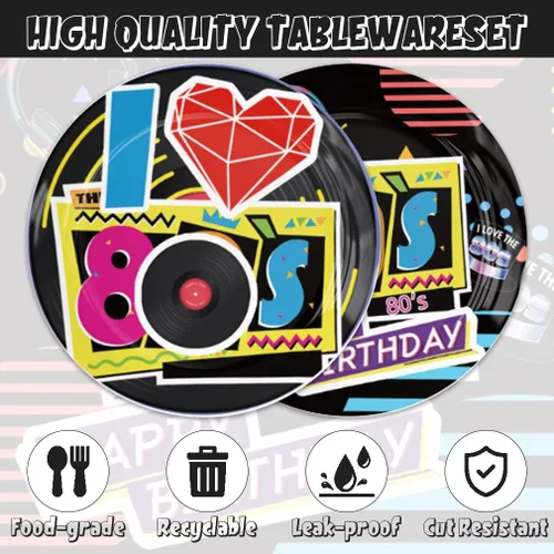 Miniatura 3 de 40 Piezas Decoraciones de Fiesta de Cumpleaños de los Años 80 Platos Vajilla Temática de los Años 80 Incluye Platos de Papel Servilletas para 20
