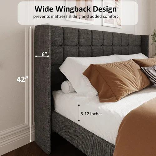 Miniatura 5 de Base de cama tamaño matrimonial con cabecera con respaldo de ala, base de cama tapizada de lino con cabecera capitoné con botones, soporte