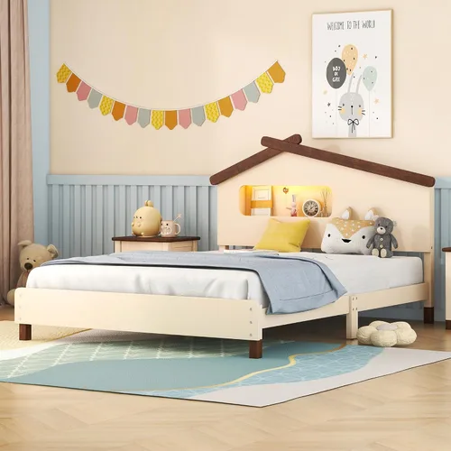 Quarte Cama de plataforma de madera de tamaño matrimonial para niños con cabecera en forma de casa y luces nocturnas activadas por movimiento, no