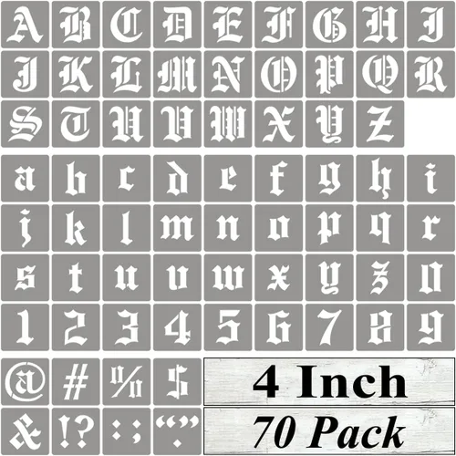 Miniatura 12 de Plantillas de letras del alfabeto de 1 pulgada para pintar, paquete de 70 plantillas de letras en inglés antiguo con números y letreros para pintar