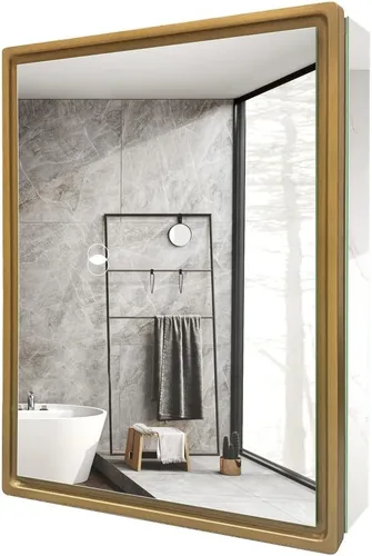 Miniatura 7 de Botiquín de baño de 16 x 20 pulgadas con espejo con marco dorado, gabinete de almacenamiento empotrado o de montaje en superficie, diseño rústico
