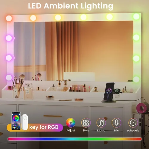 Miniatura 3 de LAKEMID Escritorio de tocador blanco con espejo y luces, mesa de tocador de maquillaje con salida y 8 cajones, escritorio de maquillaje con luces