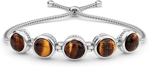 Shop LC Tiger Eye Bolo Bracelet - Platinum Plated Stainless Steel Adjustable Gemstone Bracelet - Ball Slider Bracelet for Women Costume Jewelry for