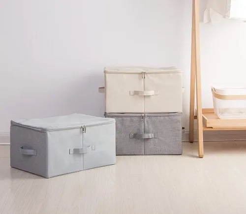Miniatura 7 de iwill CREATE PRO Caja de almacenamiento plegable con tapa con cremallera y asas, cestas de almacenamiento rígidas con tela de lino y tablero de Gris