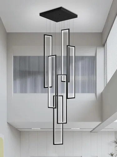 Miniatura 24 de Flashing God Candelabro moderno, candelabros cromados con 6 anillos LED, lámpara de techo alto más grande para sala de estar, lámpara rectangular