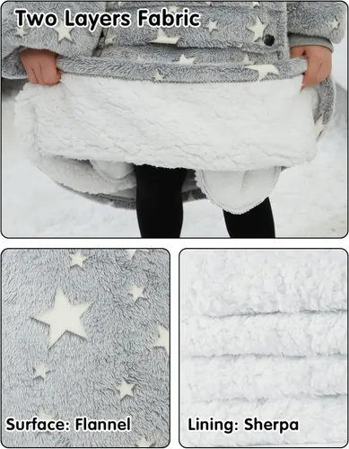 Miniatura 5 de Manta con Capucha Usable NOUKOW Manta Sherpa de Gran Tamaño Sudadera de Franela con Bolsillo Grande Estrellas que brillan en la oscuridad