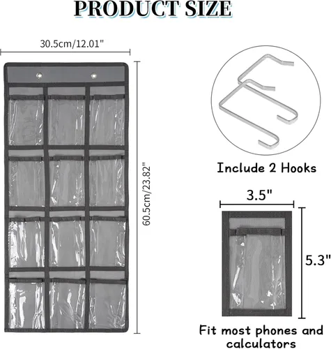 Miniatura 2 de Organizador para colgar sobre la puerta, para el aula, para colgar en la pared, puerta, armario, bolsa de almacenamiento de tela duradera, 12 Gris