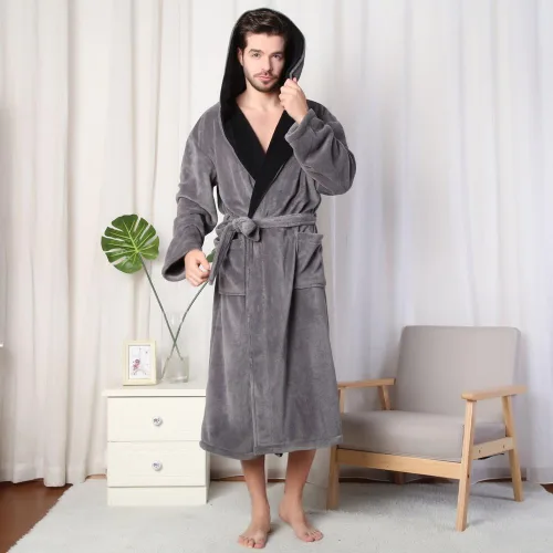 Miniatura 5 de KEMUSI Bata de baño de longitud completa suave con capucha para hombre, cómodo camisón cálido de longitud completa