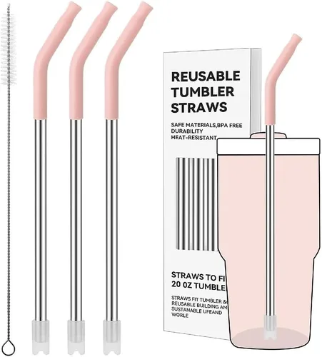 Miniatura 47 de Pajitas de metal rectas para vaso Stanley de 40 onzas, paquete de 3 popotes reutilizables de acero inoxidable con puntas de silicona y cepillo Gris