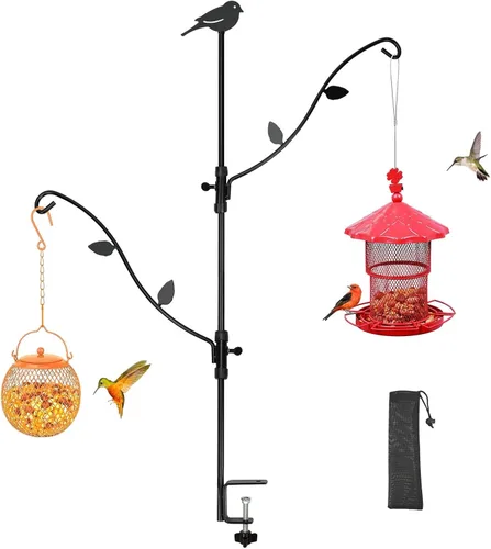 Miniatura 8 de Comedero para pájaros de cubierta con múltiples ganchos y ramas ajustables para porche Poste comedero para pájaros de cubierta-Negro