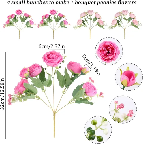 Miniatura 7 de Flores de seda de peonía artificial, ramo de peonía falsa rosa 4 paquetes Arreglos florales decoración para casa de campo estilo boho centro de mesa