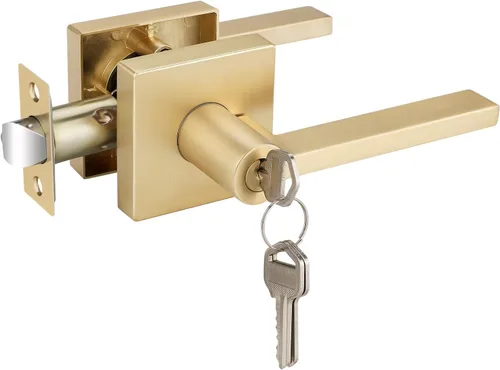 Miniatura 39 de EHOMEWARE Juego de manijas de puerta delantera doradas, palanca de puerta cuadrada resistente de latón y cerrojo de un solo cilindro reversible
