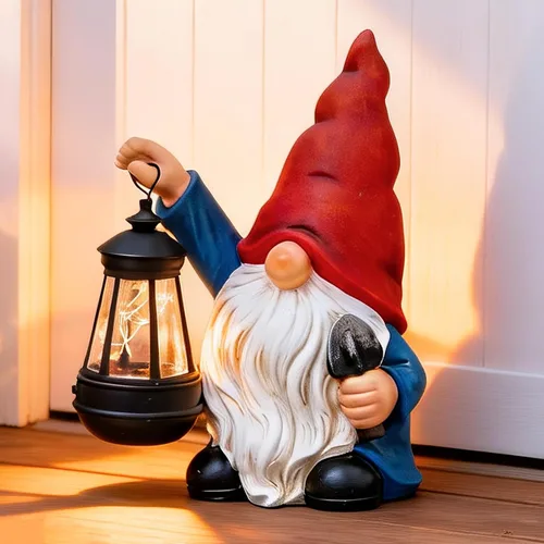 Miniatura 5 de Estatuas de gnomos de jardín para exteriores con pala, gnomo solar con farol, luces LED, decoración de terraza, Navidad, patio, césped, porche